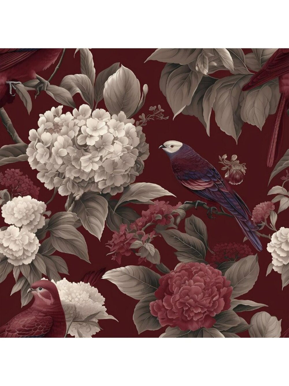 Deep Burgundy Floral Peel and Stick Wallpaper - Vintage Hydrangeas & Birds